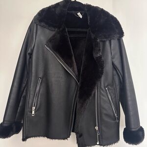 Mango Black Leather Jacket with Faux Fur Trim